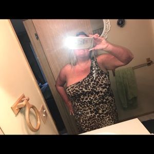 Leopard print with gemstone on one shoulder dress